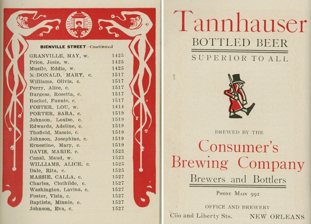 Two images side by side. Left: List of names and phone numbers in red font on a white background. Right: Advertisement for Tannhauser bottled beer by the Consumers Brewing Company, with decorative elements, in red and black text.