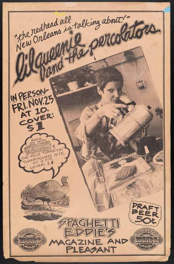 Vintage poster for Lil Queenie and the Percolators features a person pouring coffee. Text promotes a live event at Spaghetti Eddies on Fri. Nov. 25. Additional details include a $1 cover charge and 50¢ draft beer. Retro design with musical notes.