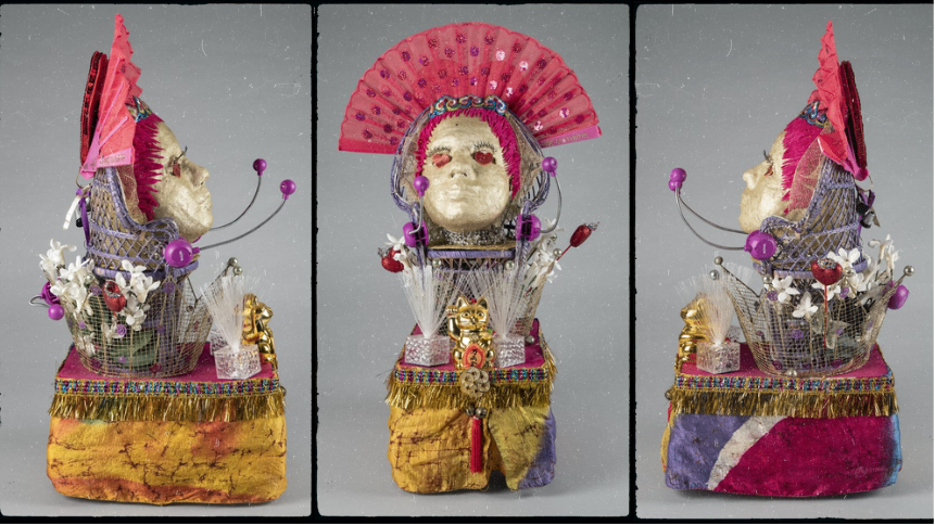 Three views of an ornate, sculptural mask with a gold face, a large pink fan-like headdress, beaded embellishments, and a colorful base. Surrounding elements include wire, flowers, and various vibrant decorations.