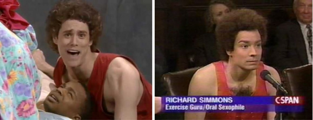 Two scenes depict a man in a red tank top and curly wig. On the left, hes enthusiastically holding another person. On the right, hes sitting at a table with a nameplate reading Richard Simmons, Exercise Guru/Oral Sexophile on C-SPAN.