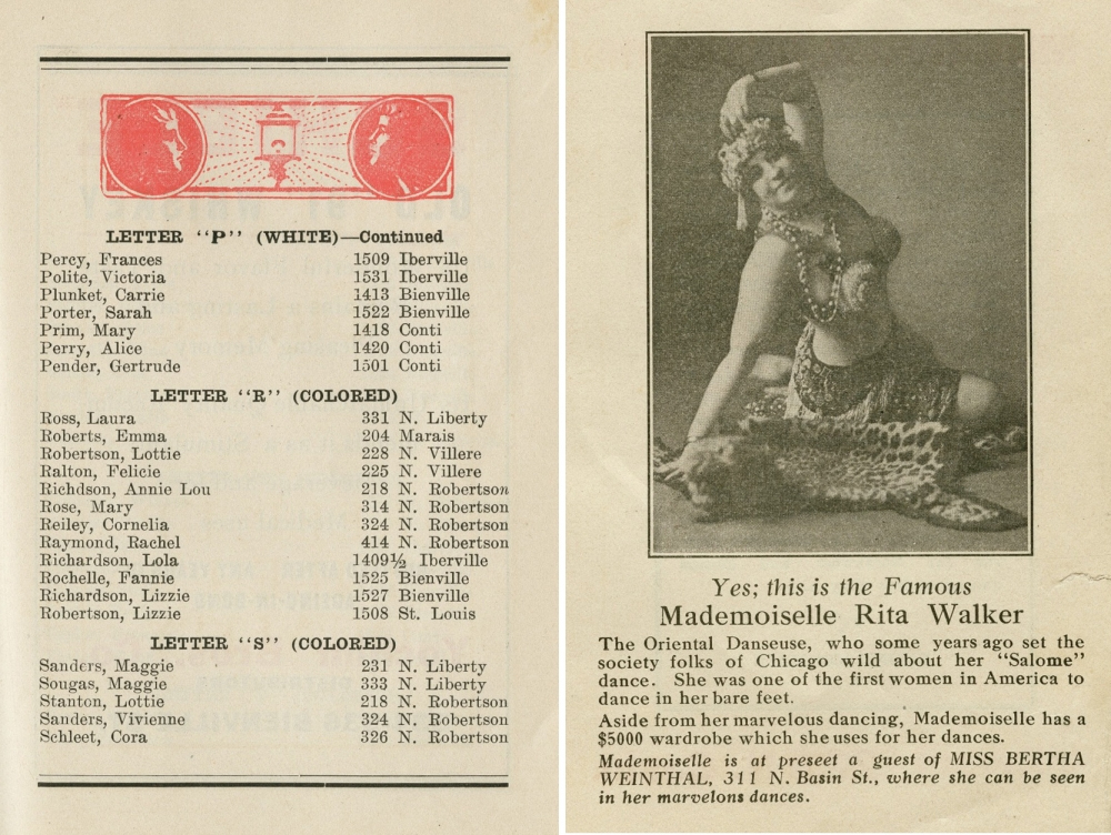 A vintage directory page listing names, addresses, and phone numbers for P and R (colored) with a decorative red logo. Next to it, an advertisement features a woman in an ornate costume, identified as Mademoiselle Rita Walker, an Oriental Danceuse.