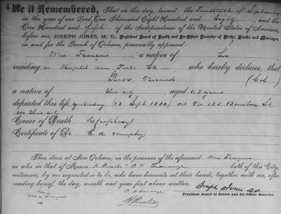 Death certificate of Rose Nicaud, 1880.