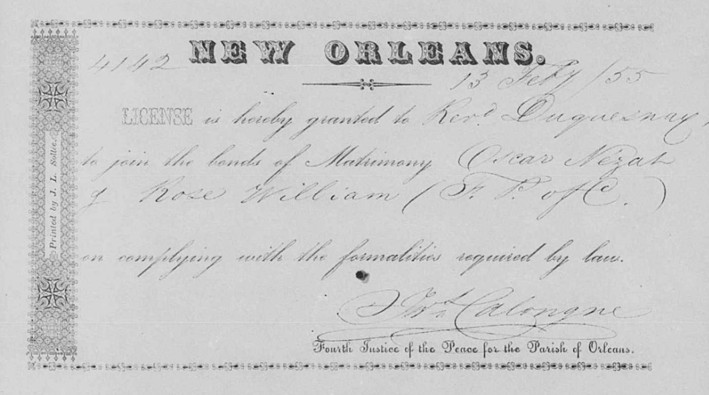 Rose and Oscar Nezat’s marriage license, 1855.