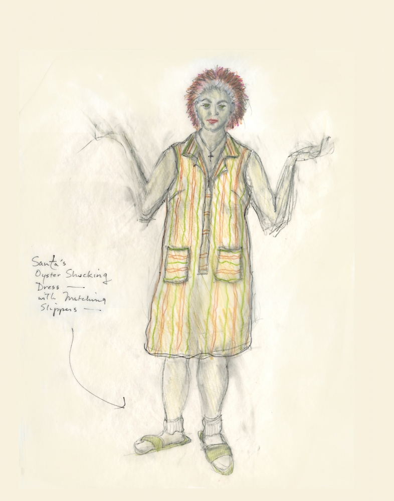 Sketch of a person with short hair, wearing a colorful striped dress labeled Santas Oyster Shucking Dress and matching slippers. The person has arms outstretched to the sides, with a casual pose.