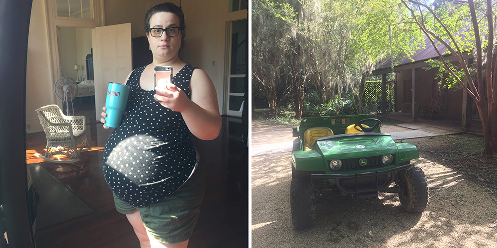 Left image: A person with glasses, wearing a black polka dot top, holds a tumbler and phone. Right image: A green utility vehicle parked on a gravel path surrounded by trees.