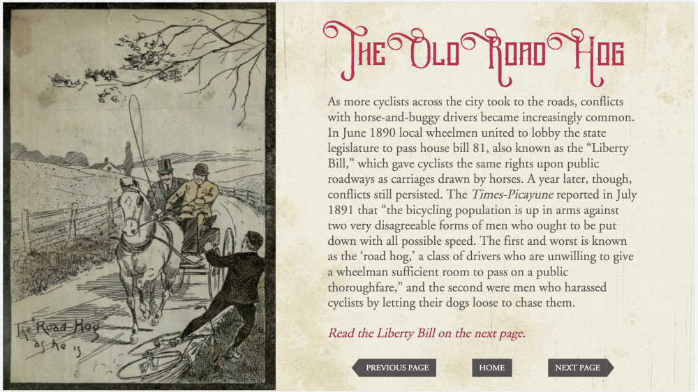 Illustration of a horse-drawn carriage in a park, with cyclists nearby. Text discusses bicycle conflicts with carriage drivers in the 1890s, referencing a Liberty Bill and road hog issues. The title reads The Old Road Hog.