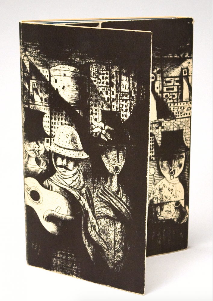 An abstract, monochromatic artwork on a folding card features stylized figures wearing hats, one playing a guitar. The background shows a cityscape with buildings, creating a mysterious and artistic atmosphere.