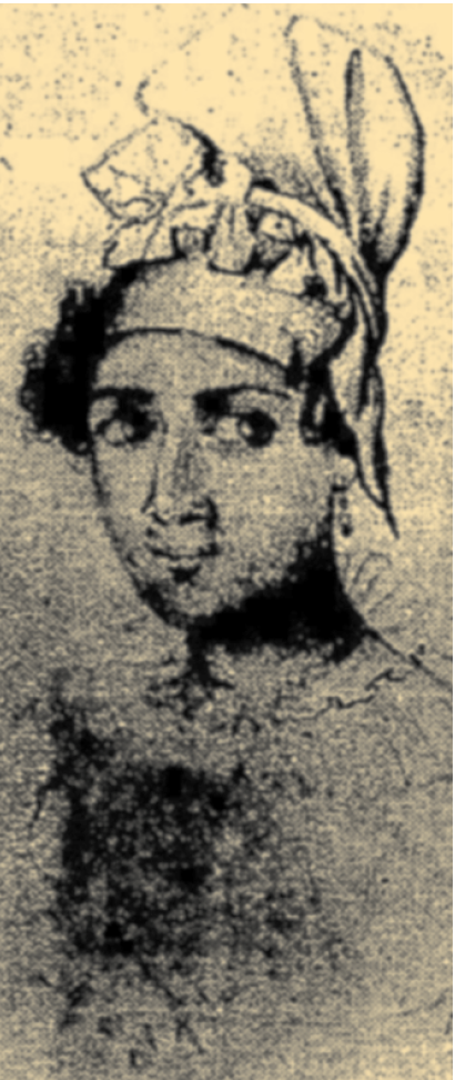 A sketch of a woman with a headscarf and earrings, gazing to her right. The drawing has a textured, grainy appearance with faded areas, giving it an aged look.
