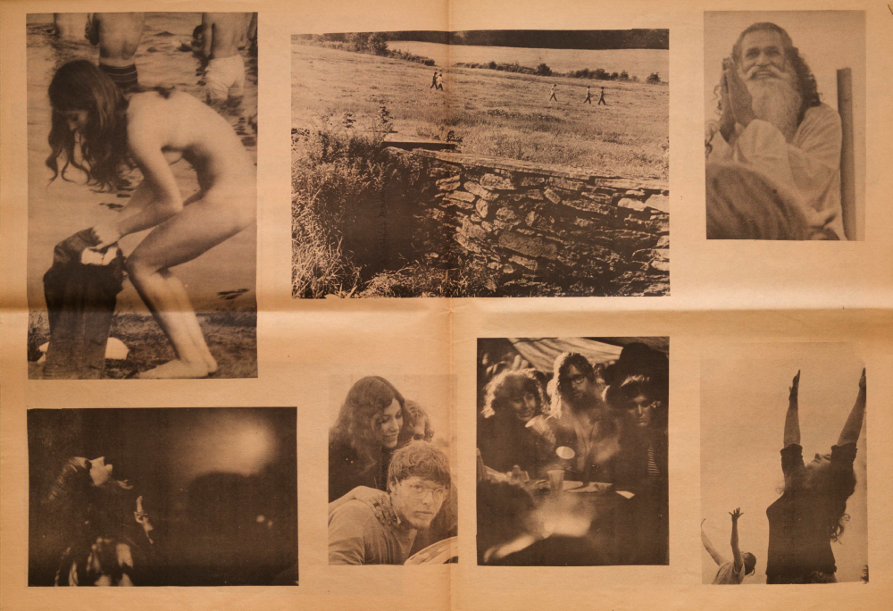 A collage of black and white photos depicting people in various scenes: a person dressing, individuals walking in a field, an elderly person smiling, a group seated at a table, and people dancing or celebrating with raised arms.