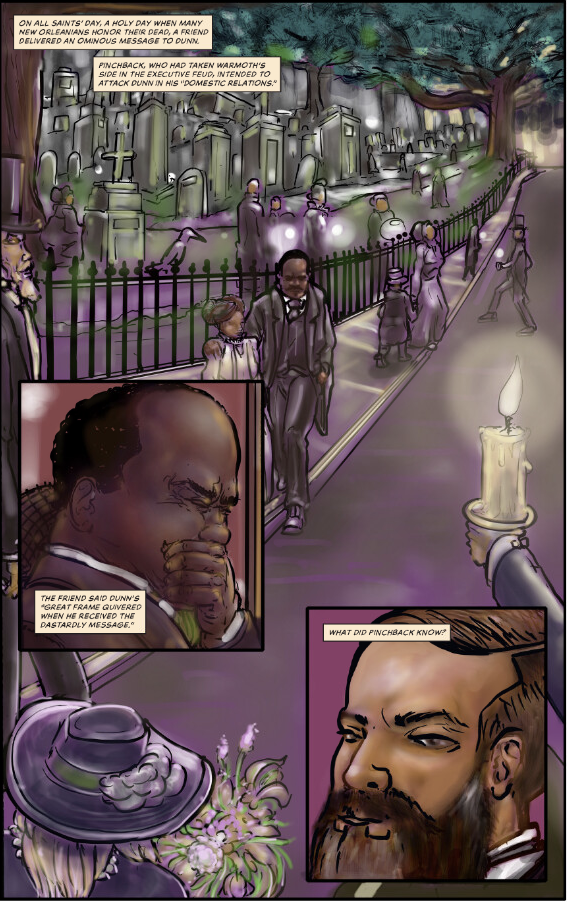 A comic-style image shows a nighttime scene in a cemetery with people walking. Two close-up panels focus on a man with a long beard holding a candle, and another man hiding in the bushes, observing. Text discusses a character named Pinchback.