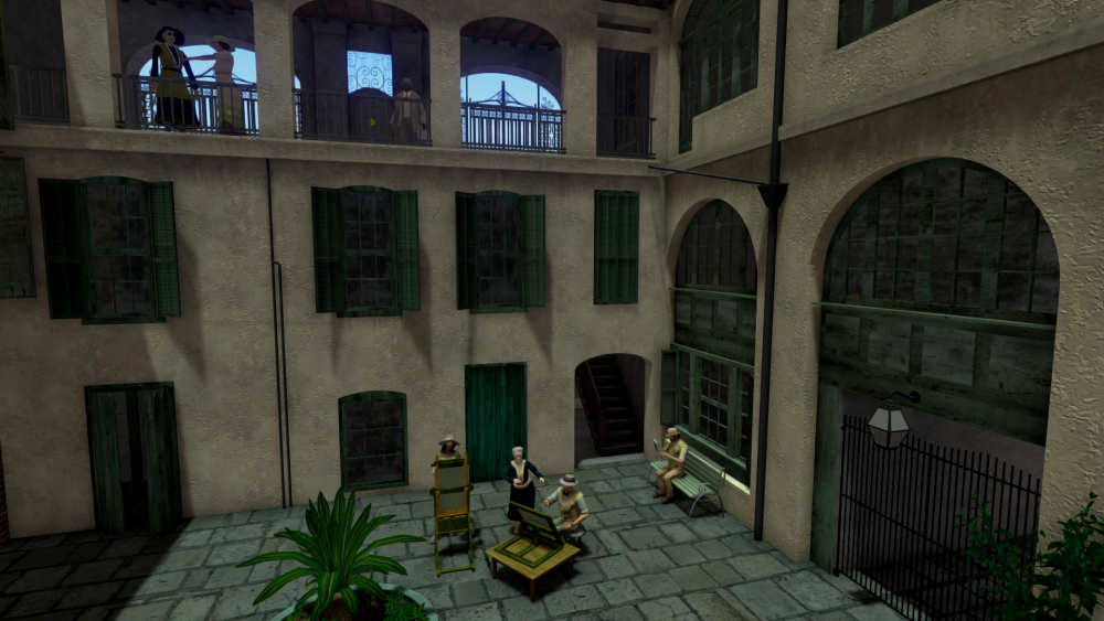 A courtyard scene with people engaged in various activities. Two people sit and converse near a table with books, while another reads. A person stands on an upper balcony. The setting is surrounded by old buildings with arches and green shutters.