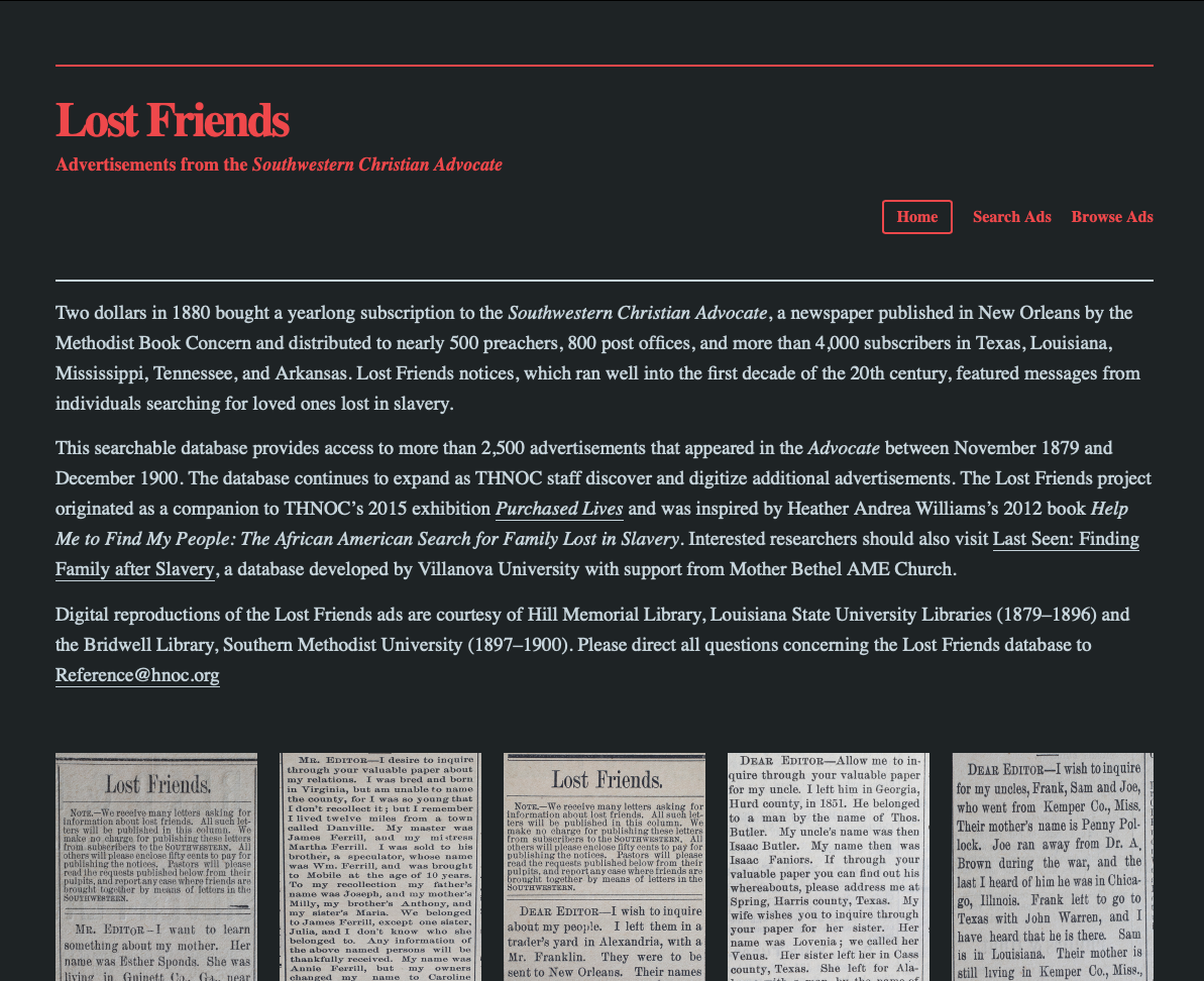 Screenshot of a webpage titled Lost Friends: Advertisements from the Southwestern Christian Advocate. It details historical advertisements seeking lost family members and friends, posted by former enslaved people. Includes navigation links and contact information.