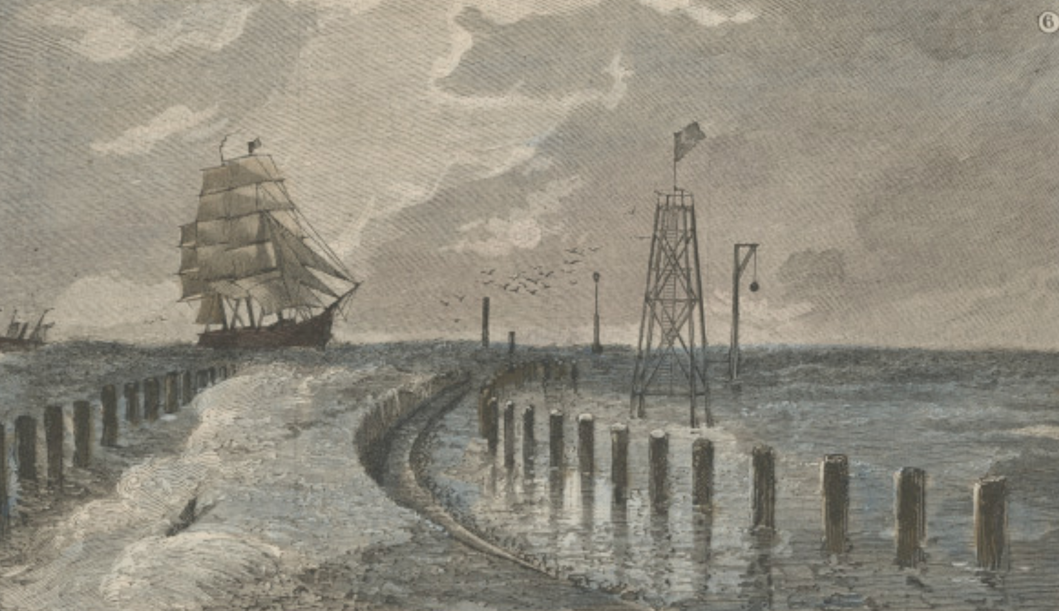 A cropped view shows a sailing ship entering the Mississippi River in an engraving from Harper’s Weekly.