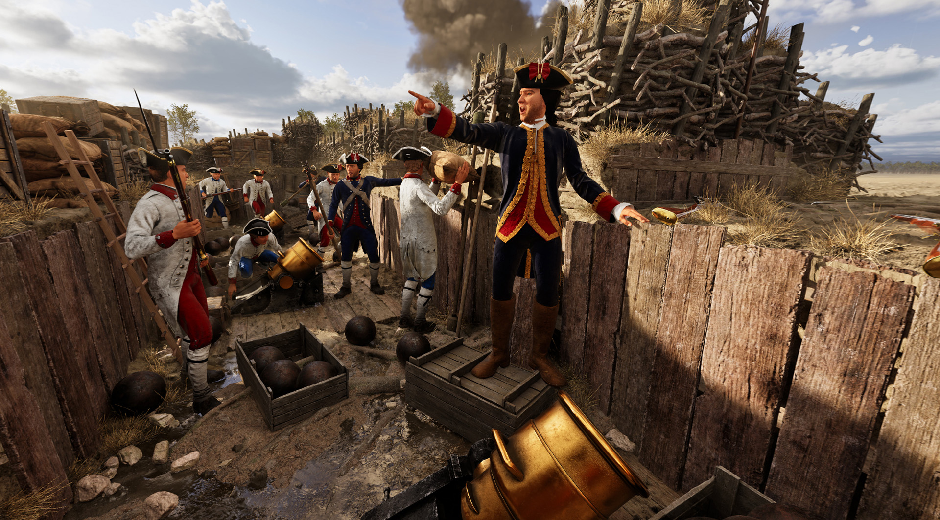 Still rendering from "American Revolution: The Augmented Exhibition" showing a Spanish artillery battery.