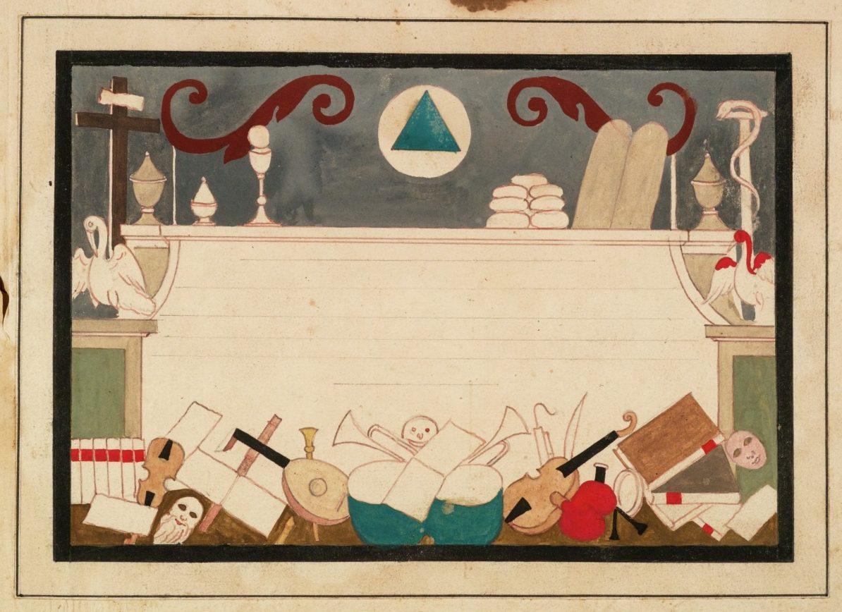 Illustration of a scene with musical instruments like drums and violins at the bottom, religious symbols such as a cross and tablets at the top, and decorative motifs. Central empty space with a triangle symbol above.