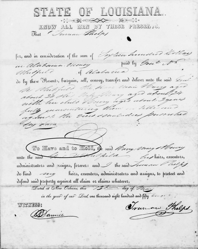 A handwritten legal document from the State of Louisiana, dated 1858, detailing a land transaction. It includes formal phrases such as To Have and to Hold and signatures at the bottom.