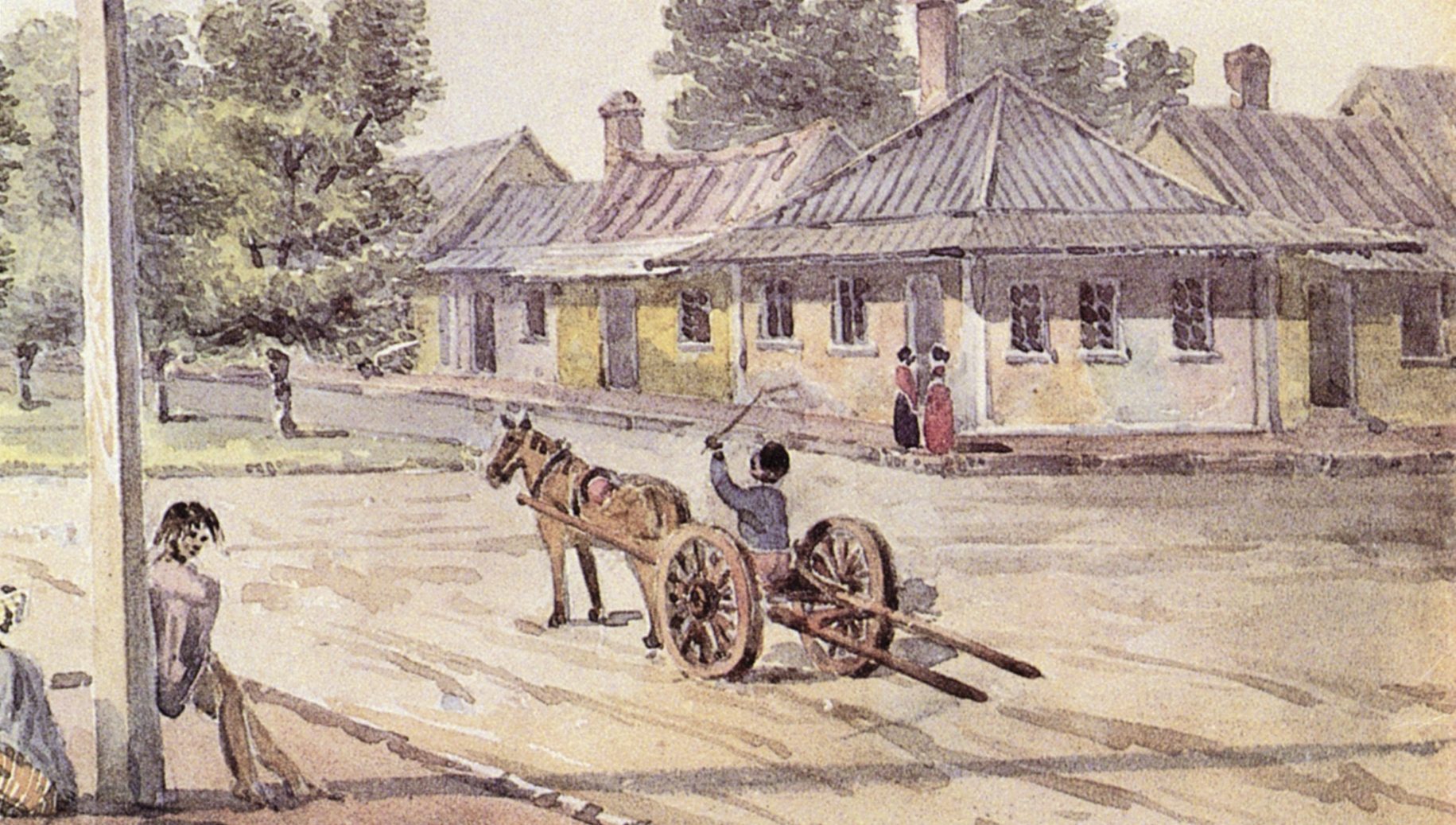 A watercolor painting depicts a quiet village scene with a man riding a horse-drawn cart. Nearby, a woman sits against a pole, and two people walk along the street past quaint buildings with pitched roofs and chimneys, under a clear sky.