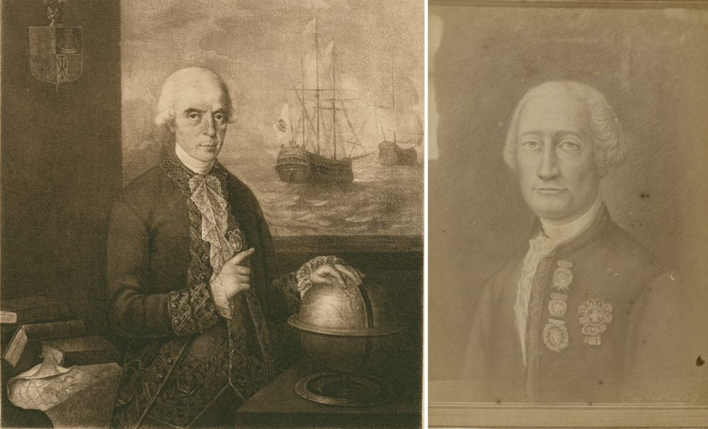 Two sepia-toned portraits of an 18th-century man. Left: The man points at a globe with a ship painting in the background. Right: A simpler portrait with the man wearing ornate clothing and medals. Both images convey historical significance.