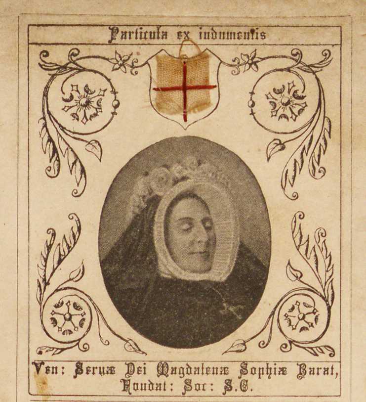 A vintage illustration of a woman with a traditional headdress framed by decorative floral patterns and a coat of arms with a red cross. Latin text is inscribed above and below the image.