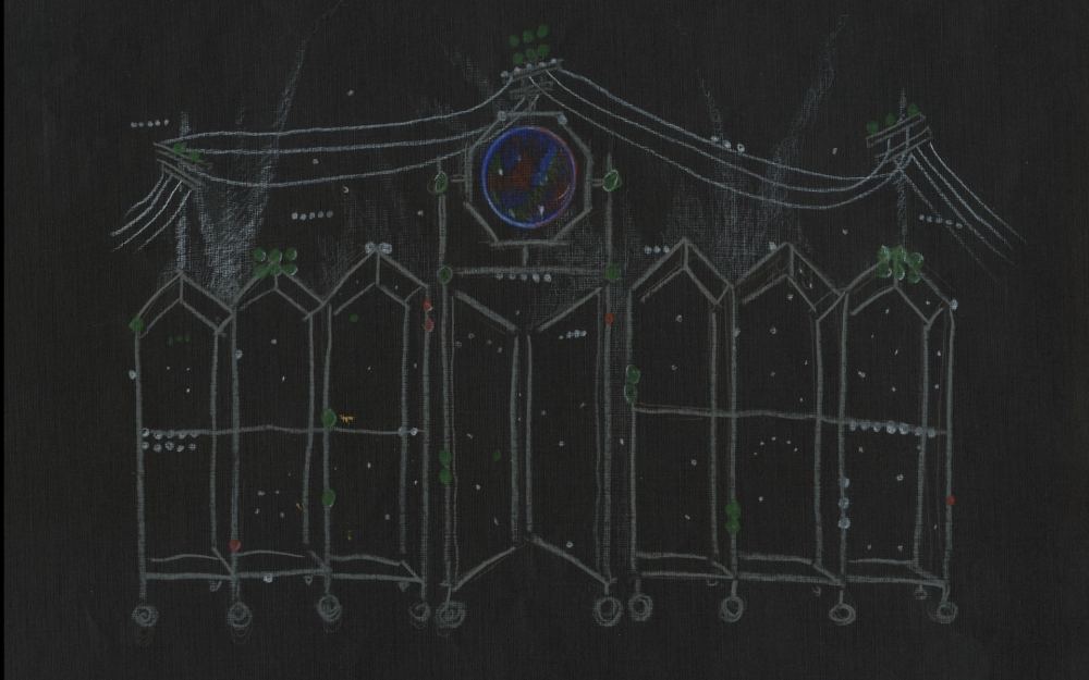 A digital drawing of a stage set design on a dark background, featuring tall arched structures connected by lines. A circular motif is at the center top. Various small dots and symbols are scattered throughout the design.