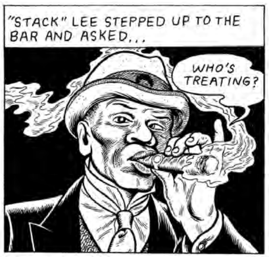 A black and white comic panel shows a man wearing a hat, smoking a cigar with visible smoke. The text reads, Stack Lee stepped up to the bar and asked... Whos treating?.