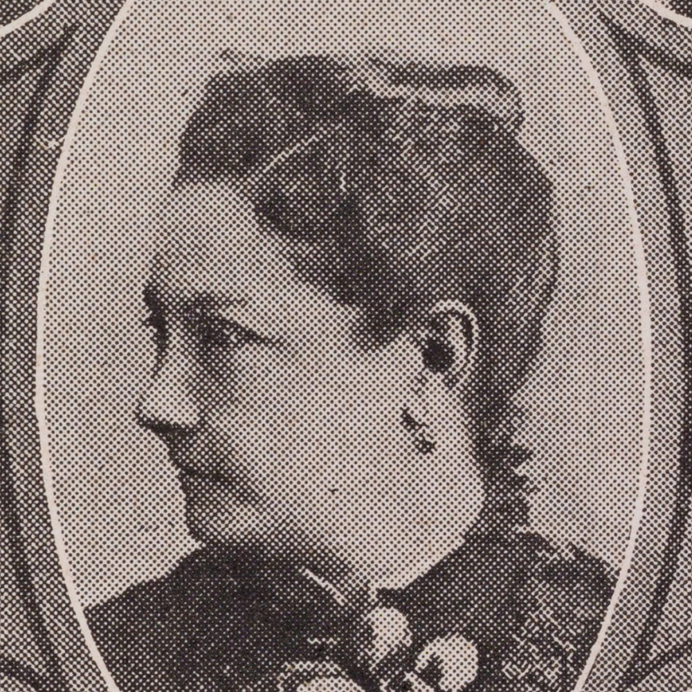 An old black-and-white halftone portrait shows a woman with her hair styled up, looking to the left. She wears earrings and a high-collared outfit. The image is framed in an oval shape.