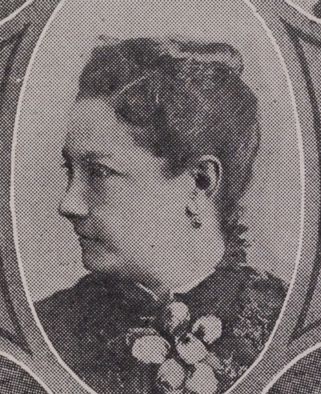 A black and white vintage portrait of a person with hair pinned up, wearing earrings and a high-collared outfit with decorative floral elements. The image has a dotted texture and an oval frame.