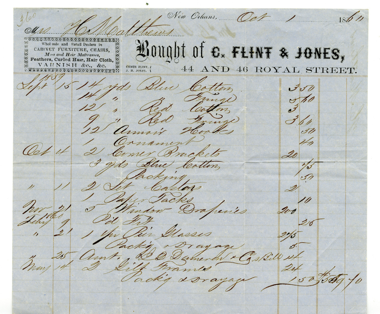A vintage receipt from C. Flint & Jones, dated October 1, 1870. It lists various purchased items, including blue cotton, flannels, jaconet hoods, and ginghams, with their quantities and prices. The total amount is $159.40.