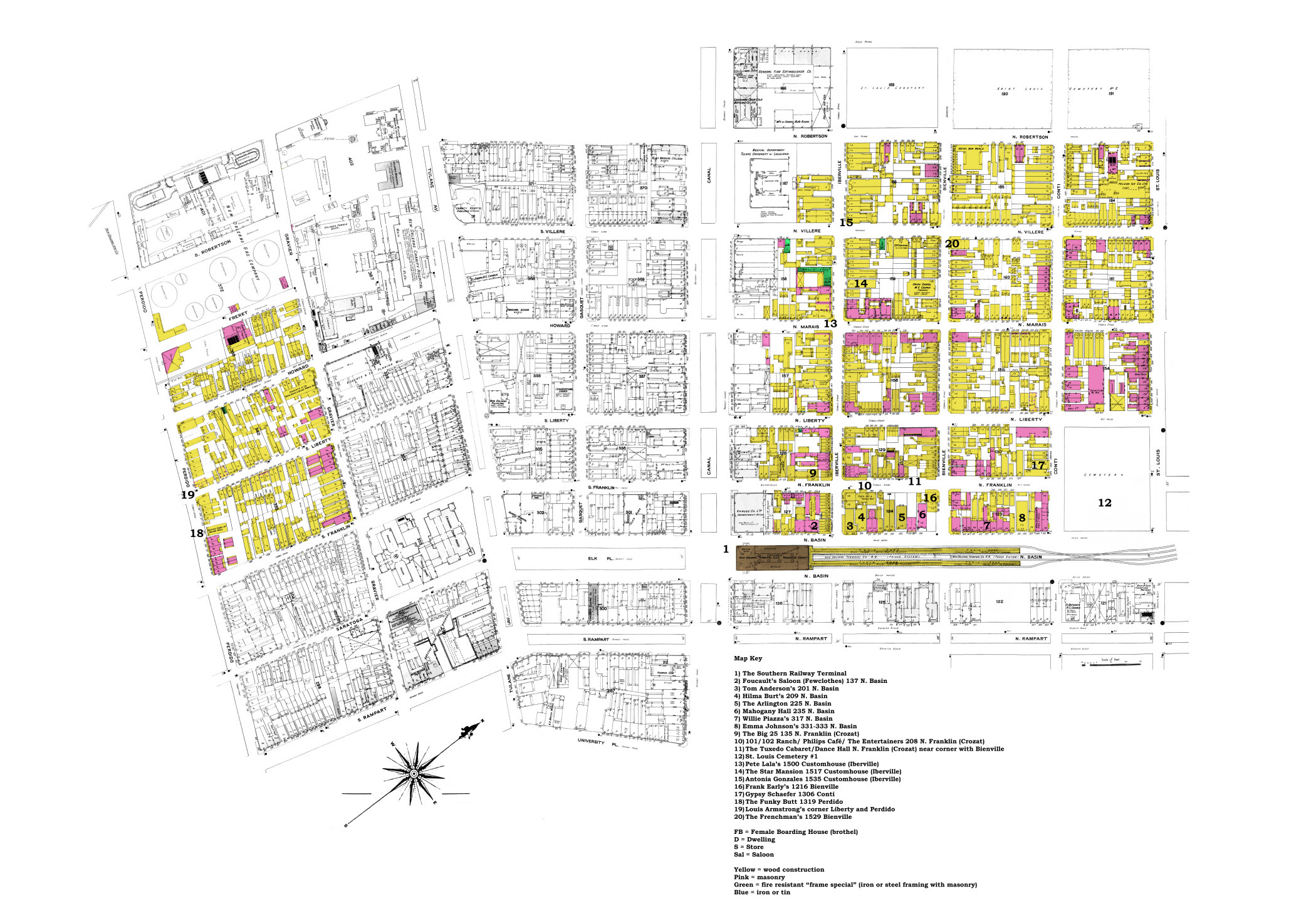 A detailed urban map highlighting various city blocks in yellow and pink. The map includes labeled streets, buildings, and a compass rose for orientation. A legend at the bottom provides details on the represented areas and symbols.