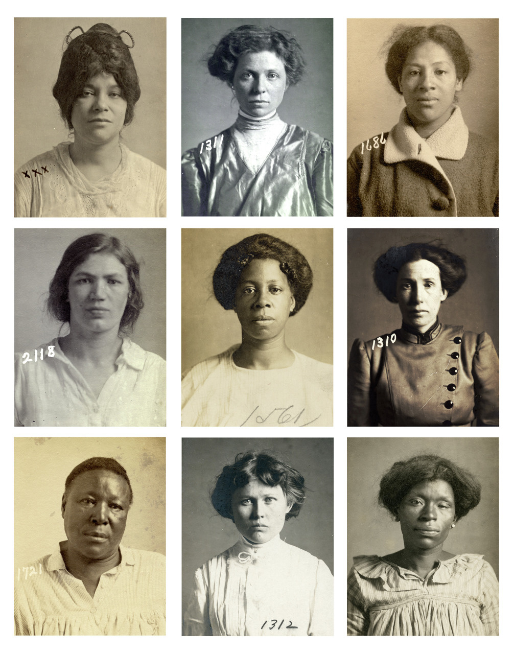 A grid of nine vintage mugshots features women of diverse backgrounds, dressed in early 20th-century attire. Each has a unique expression and outfit, some with numbers visible. The image is sepia-toned, reflecting its historical context.