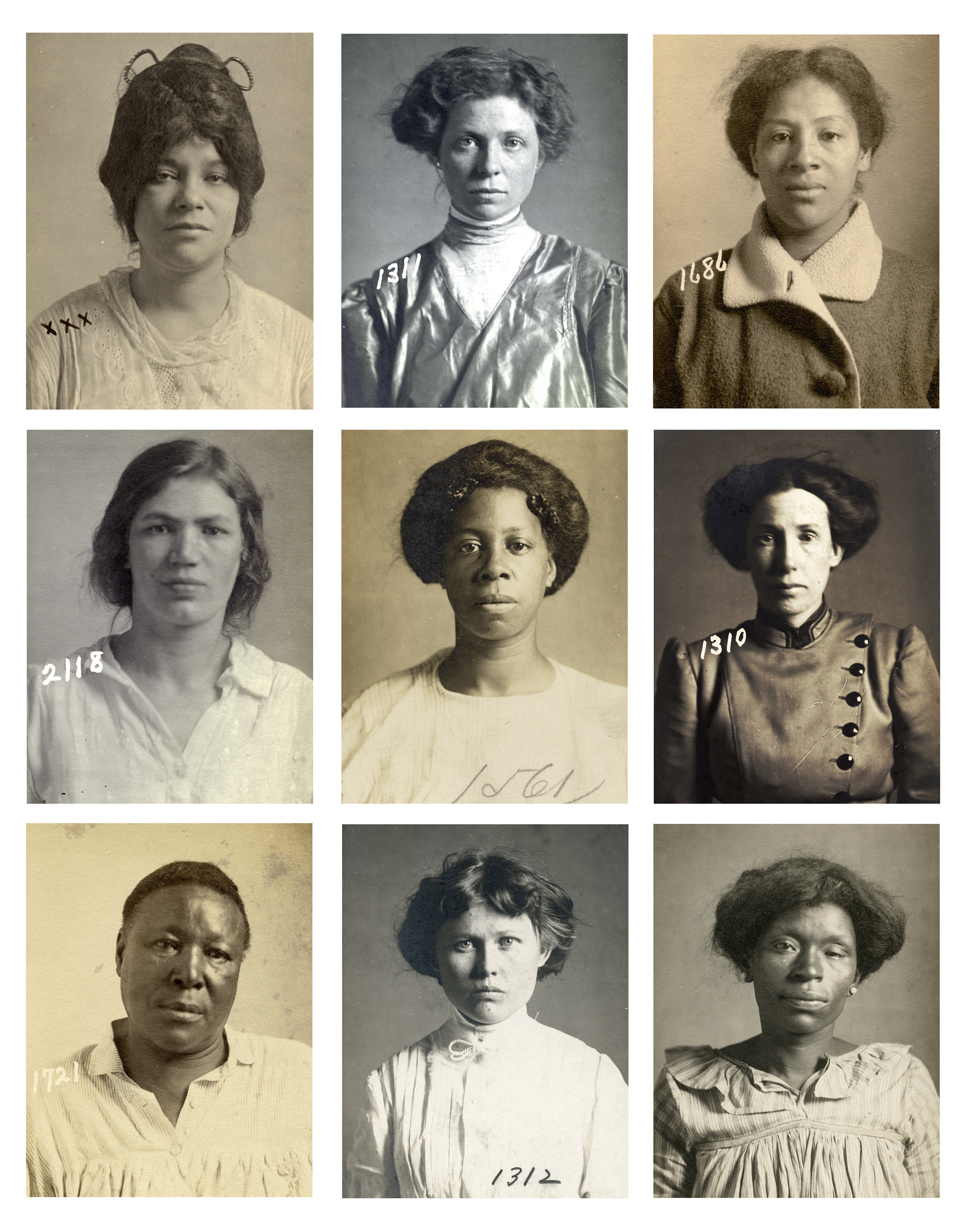 A grid of nine vintage black-and-white portraits featuring women from different backgrounds and styles, each wearing early 20th-century clothing. Some have numbers written on or near their portraits, suggesting a historical or cataloging context.