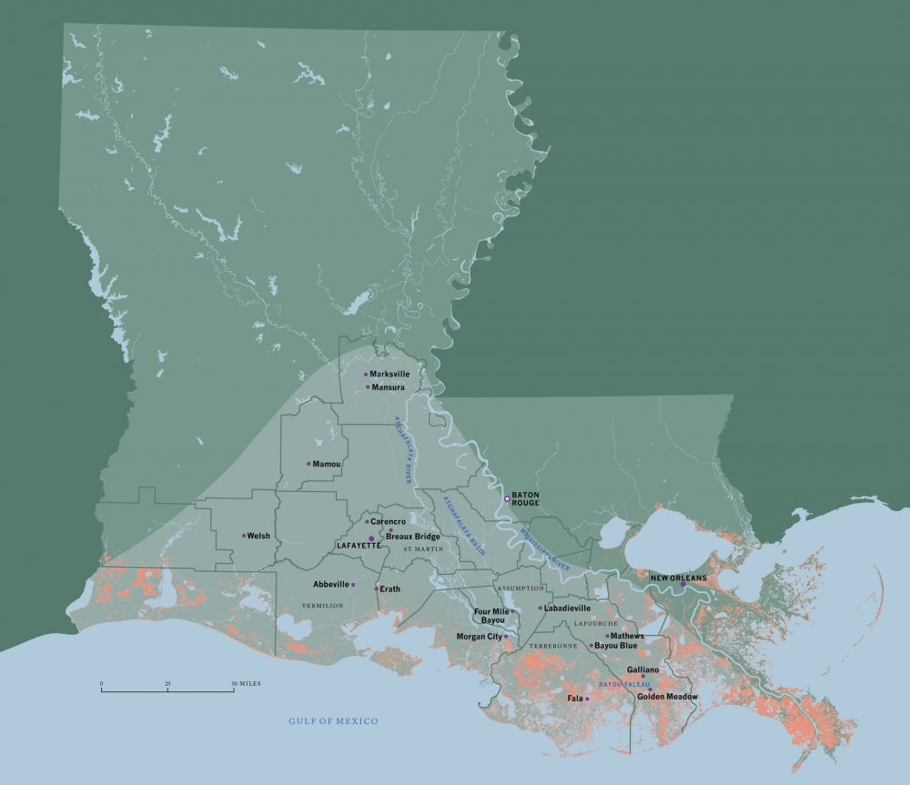Map of Louisiana showing cities like Shreveport, Baton Rouge, and New Orleans. The Mississippi River is outlined, with surrounding roads and regions marked. Coastal areas are depicted with red zones indicating land erosion or flooding risk.