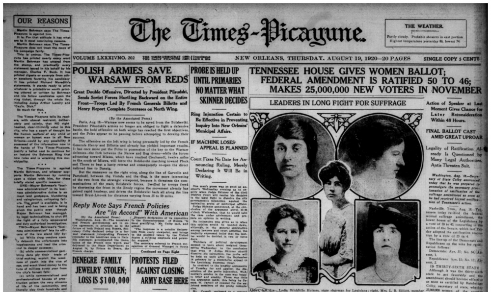 A black-and-white image of a 1920 newspaper front page, The Times-Picayune. Headlines cover topics like Polish armies and womens suffrage. There are photos of four women with smaller text beneath each image.