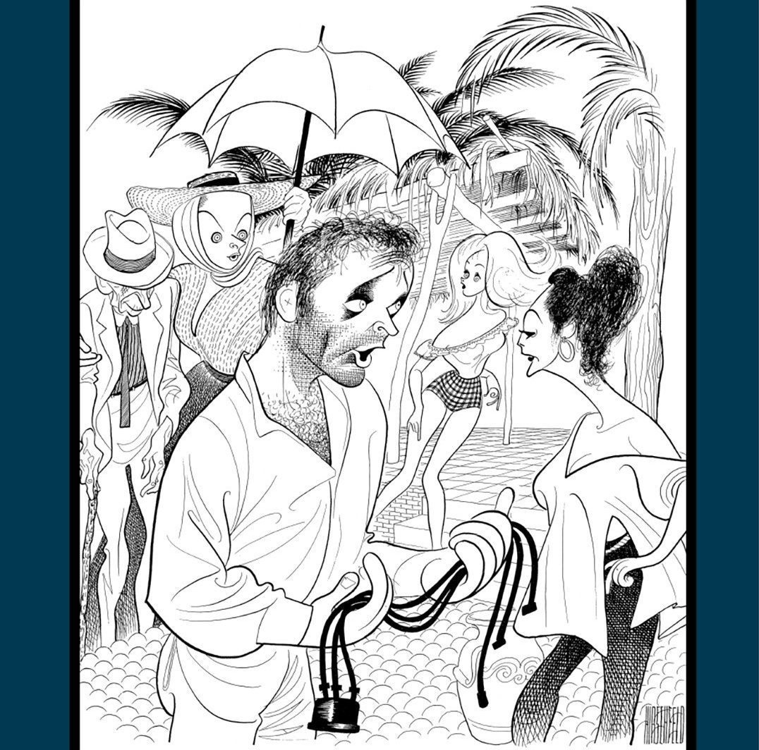 A black and white illustration of a man holding a garden hose on a beach. In the background, a person holds an umbrella, another wears a hat, and a woman in a swimsuit stands near palm trees. The scene is lively and surreal.