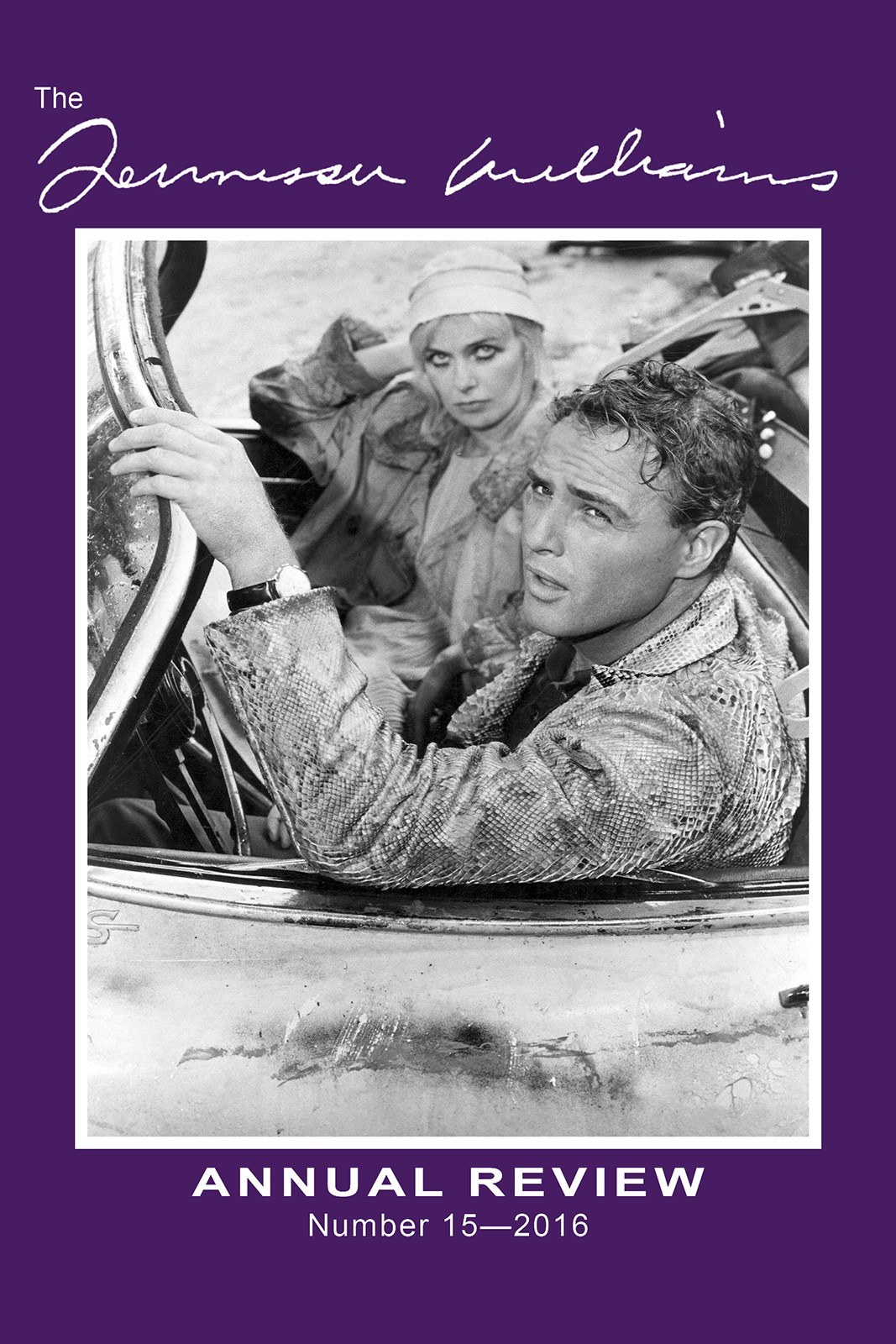 Black and white image of a man and woman in a car, with the man in the drivers seat holding the door handle. The image is framed by a purple cover, titled Tennessee Williams Annual Review, Number 15—2016.