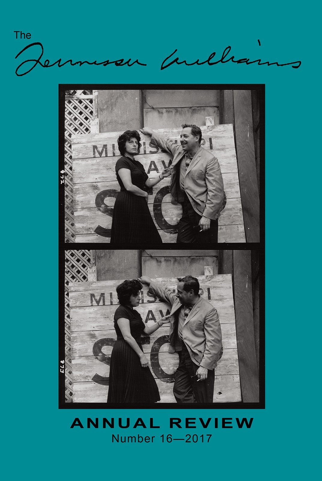 A stylized cover featuring two black-and-white photos of a man and woman in vintage attire, posed playfully in front of a wooden sign. The title reads The Tennessee Williams Annual Review Number 16—2017 in handwritten and typed fonts.