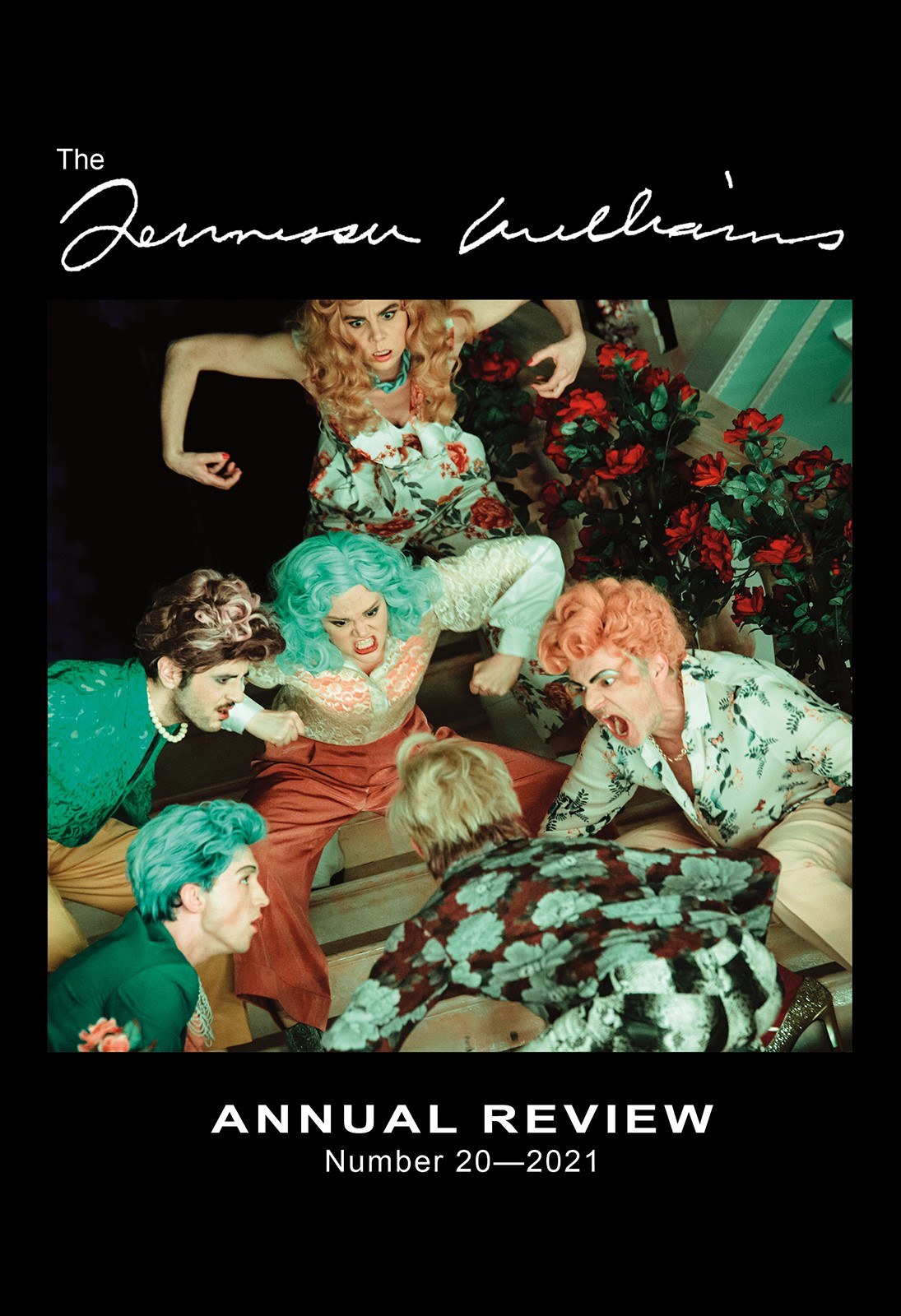A colorful theatrical scene with five performers in elaborate wigs and costumes, posing dramatically against a backdrop of roses. Text reads: The Jermyn Williams Annual Review Number 20 – 2021.
