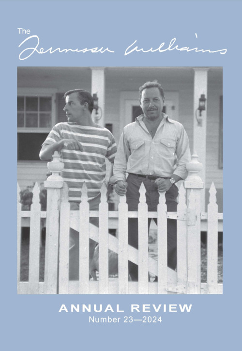 Black-and-white photo of two men standing behind a white picket fence in front of a house. The man on the left wears a striped shirt, and the man on the right wears a light-colored shirt. Text above reads The Tennessee Williams Annual Review Number 23–2024.