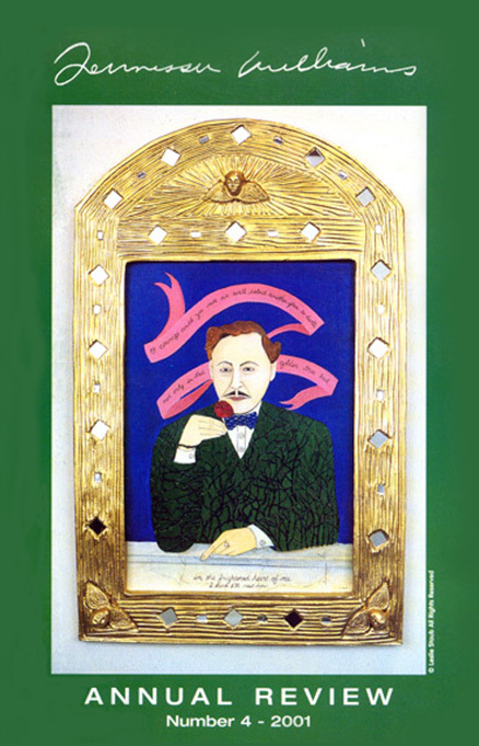 Green cover of the Tennessee Williams Annual Review, Number 4 - 2001, featuring a framed portrait of a man with a mustache holding a red rose, surrounded by ornate gold detailing and a ribbon with text.