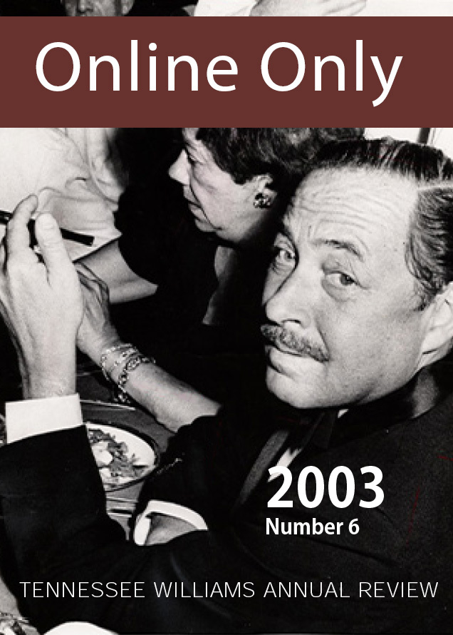 Black and white image of a man in a suit with a mustache, seated at a table. The text Online Only is at the top, and 2003 Number 6, Tennessee Williams Annual Review is at the bottom.