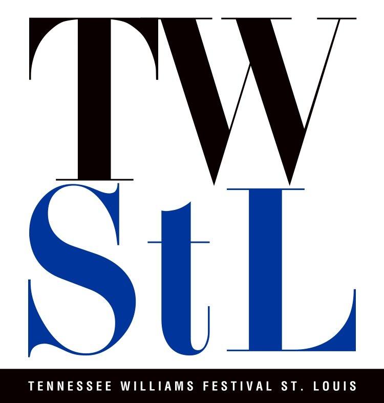 Bold black and blue text reading TW StL with smaller text below: Tennessee Williams Festival St. Louis on a white background.