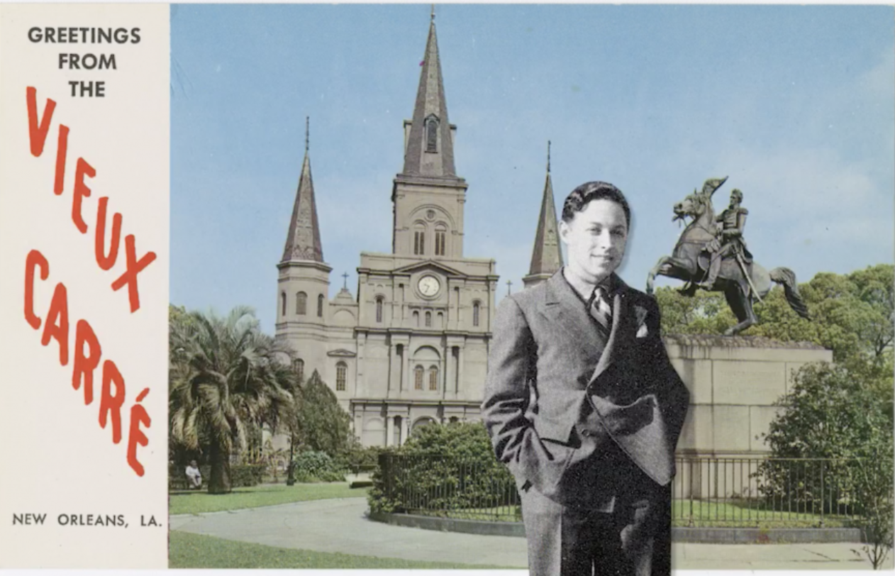 A vintage postcard displays a man in a suit standing in front of St. Louis Cathedral in New Orleans. The text reads Greetings from the Vieux Carré on the left side. A statue of a rider on horseback is visible in the background.