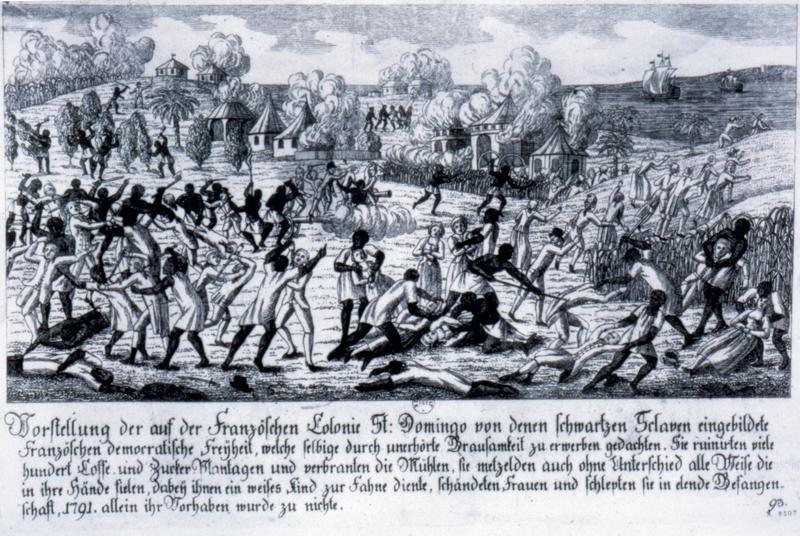 A historical illustration depicting a battle scene with armed figures engaged in combat. The background shows buildings and vegetation. The scene appears chaotic, with people in various states of action, some holding weapons.