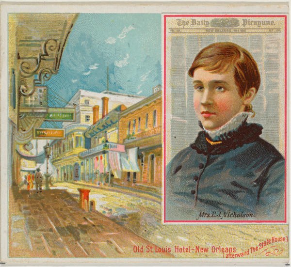 A vintage illustration shows a street scene in New Orleans with shops and a side portrait of a woman labeled Mrs. E. J. Nicholson on the right. The artwork showcases a historic hotel and lively street ambiance.