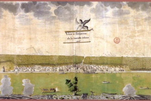 An old painting depicting a panoramic view of New Orleans from the 18th century. It shows the city along the Mississippi River, with boats in the foreground and buildings clustered along the shoreline, under a cloudy sky with an angel holding a banner.