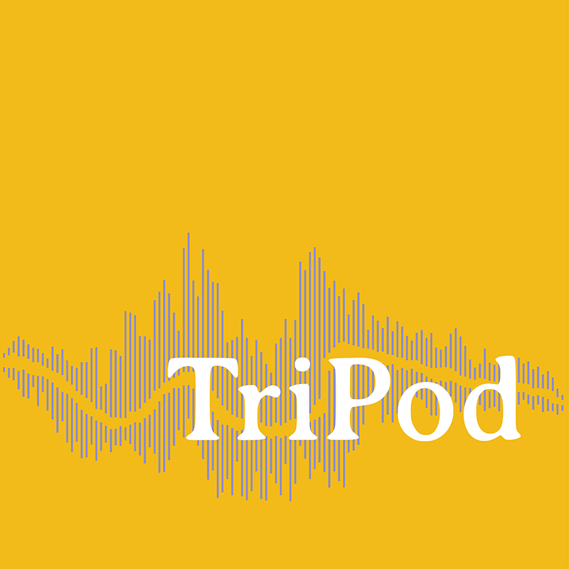 A yellow background with the word TriPod in large white letters at the center. Behind the text, there is a stylized audio waveform in gray, which gives a visual impression of sound or music.