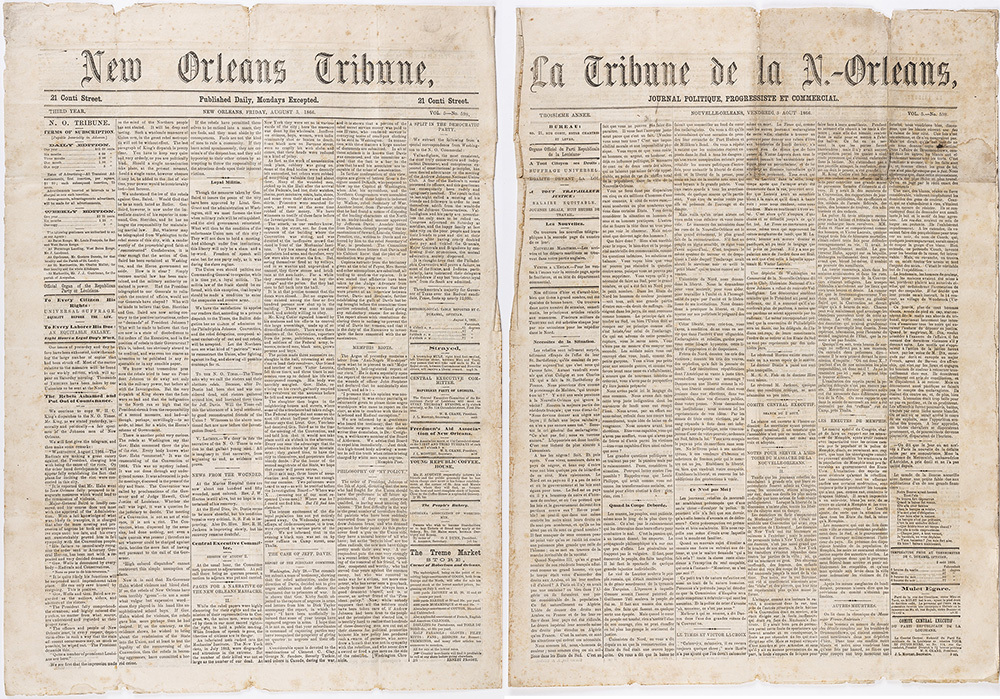 A vintage newspaper front page titled New Orleans Tribune in English on the left and French on the right. The pages are filled with small, dense text and articles, showing an aged, historical appearance.