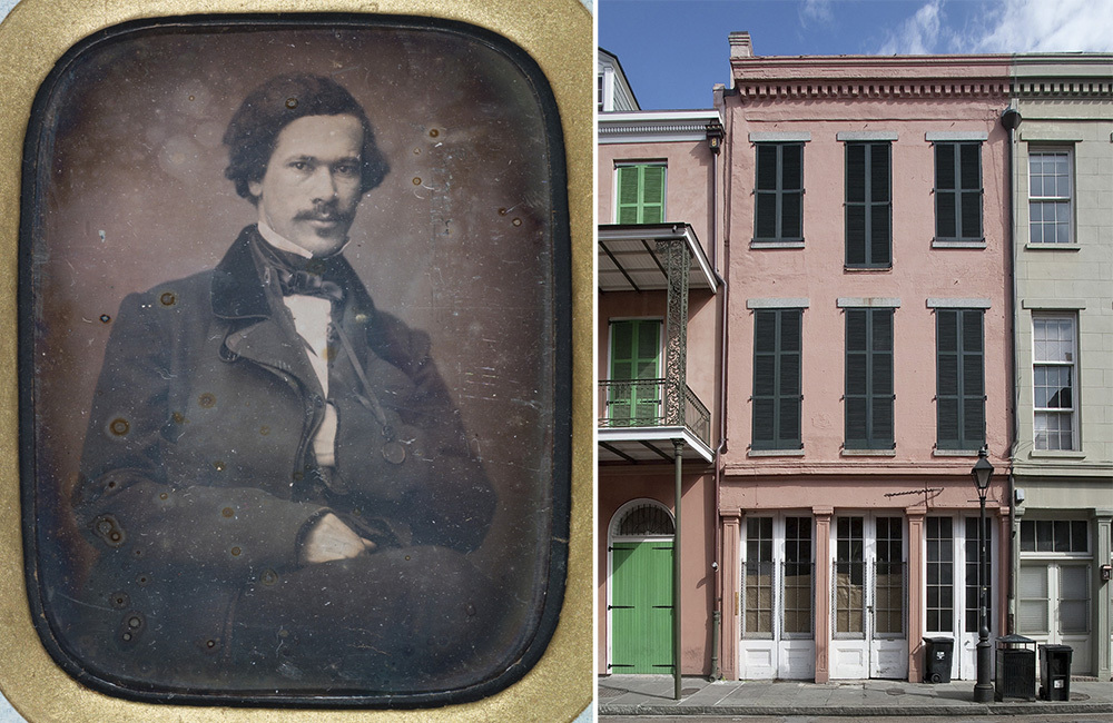 A vintage portrait of a seated man in a suit and bow tie is on the left. On the right, there’s a view of three colorful, historic buildings with green shutters under a blue sky.