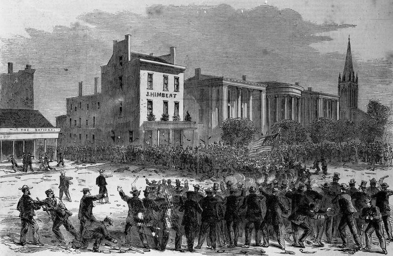 An old engraving depicts a large crowd and soldiers on horseback in a town square. The focus is on a building labeled J. Himblet, with other buildings and a tall church steeple in the background. The scene conveys a sense of historical unrest.
