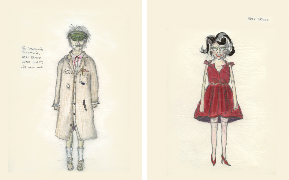 A hand-drawn illustration of two characters. On the left, a person in a long coat, goggles, and gloves. On the right, a person in a red dress with glasses and a bow in their hair. Both have unique, whimsical styles.